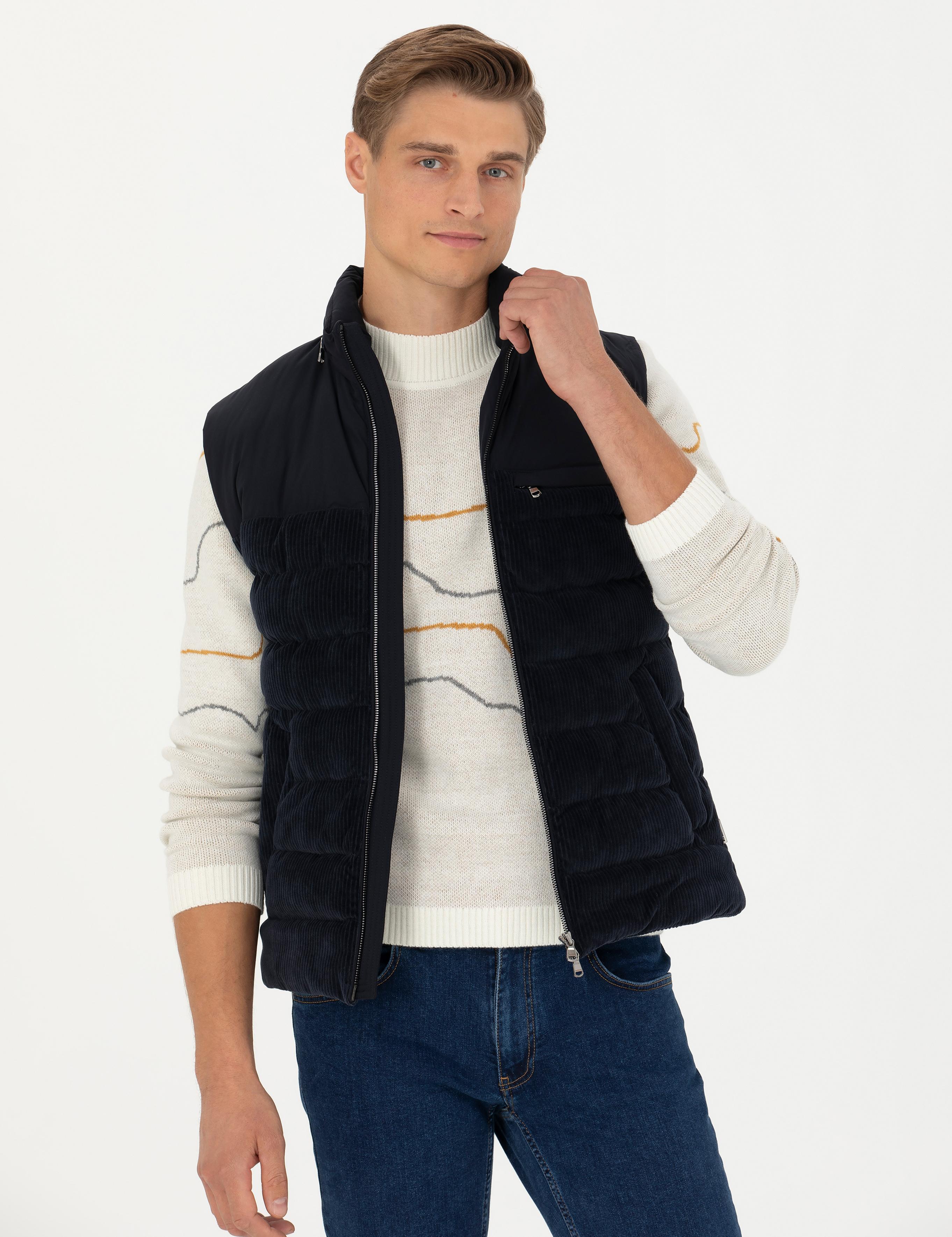 Lacivert Slim Fit Dolgulu Pamuk Karışımlı Mont Yelek - 50274460062