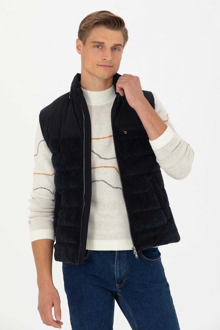 Lacivert Slim Fit Dolgulu Pamuk Karışımlı Mont Yelek - 50274460062