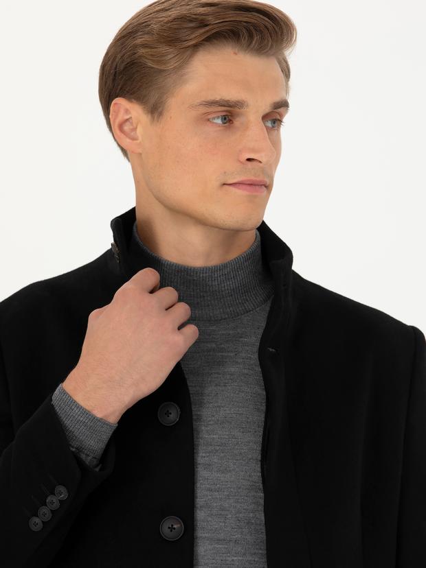 Siyah Yün Karışımlı Slim Fit Palto