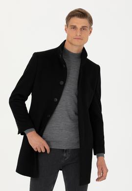 Siyah Yün Karışımlı Slim Fit Palto