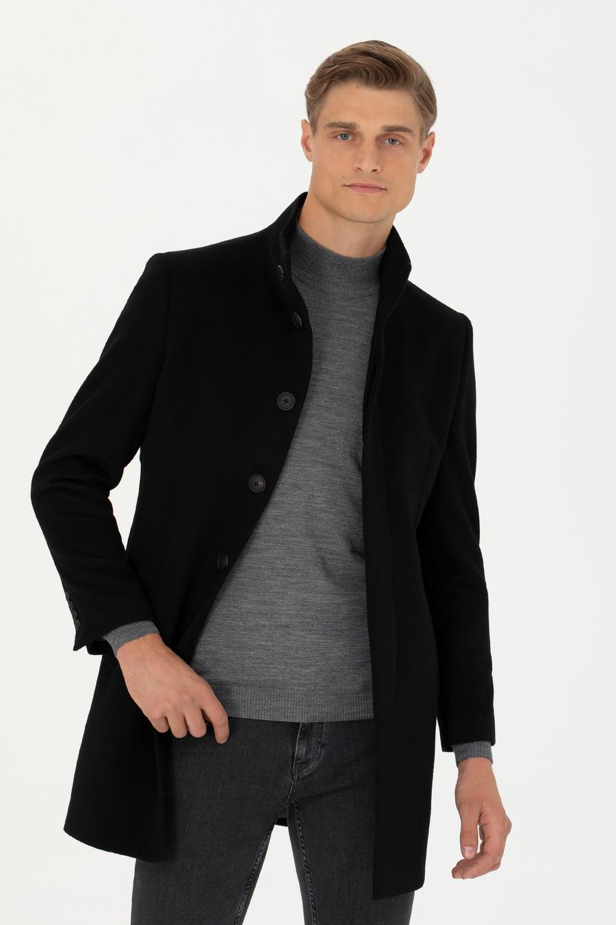Siyah Yün Karışımlı Slim Fit Palto - 50270707012