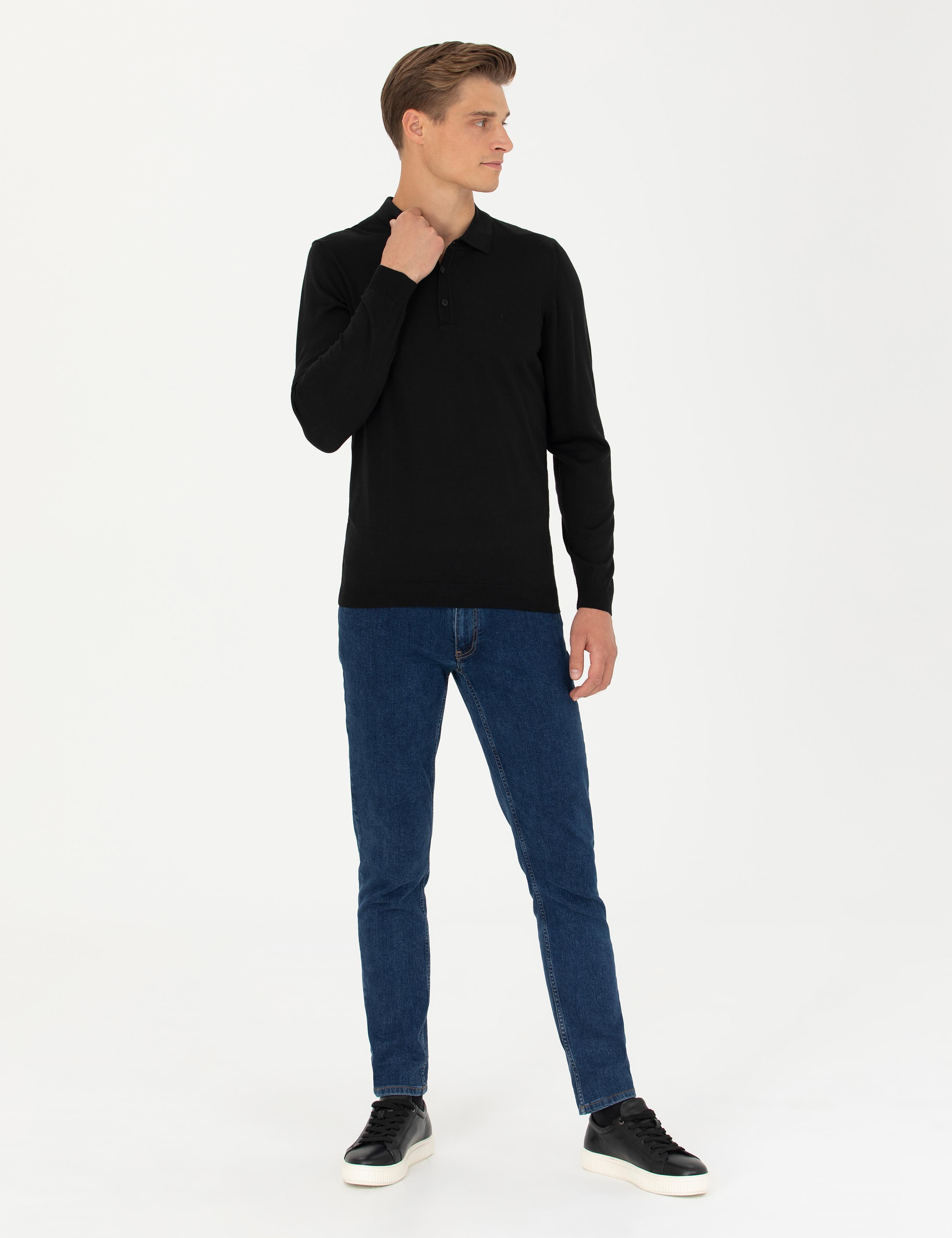 Siyah Slim Fit Polo Yaka Basic Triko Kazak - 50270169069