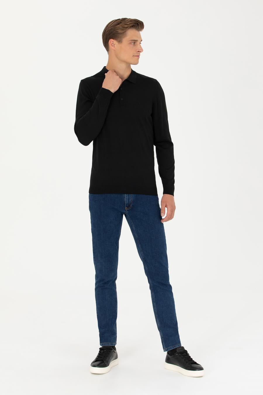 Siyah Slim Fit Polo Yaka Basic Triko Kazak - 50270169069