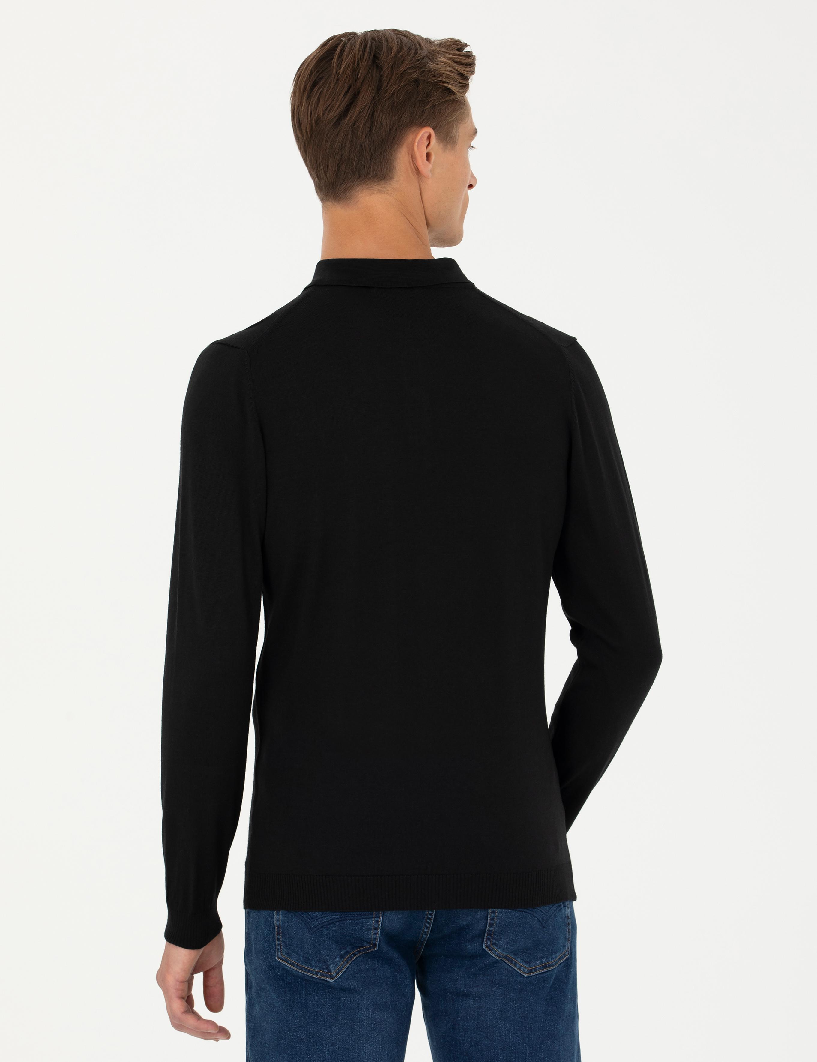 Siyah Slim Fit Polo Yaka Basic Triko Kazak - 50270169069