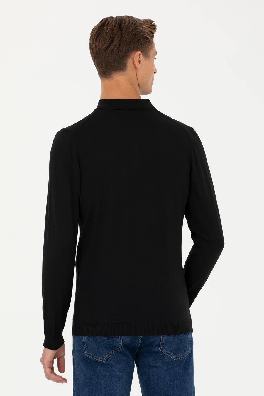 Siyah Slim Fit Polo Yaka Basic Triko Kazak - 50270169069
