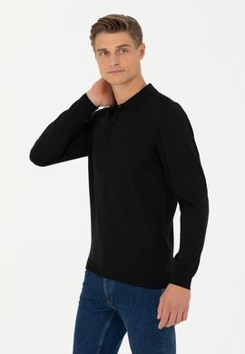 Siyah Slim Fit Polo Yaka Basic Triko Kazak