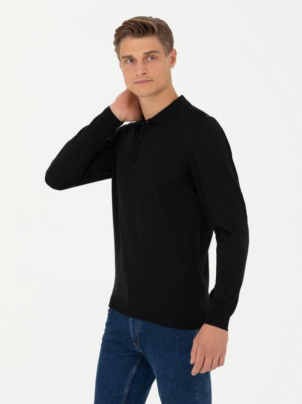Siyah Slim Fit Polo Yaka Basic Triko Kazak