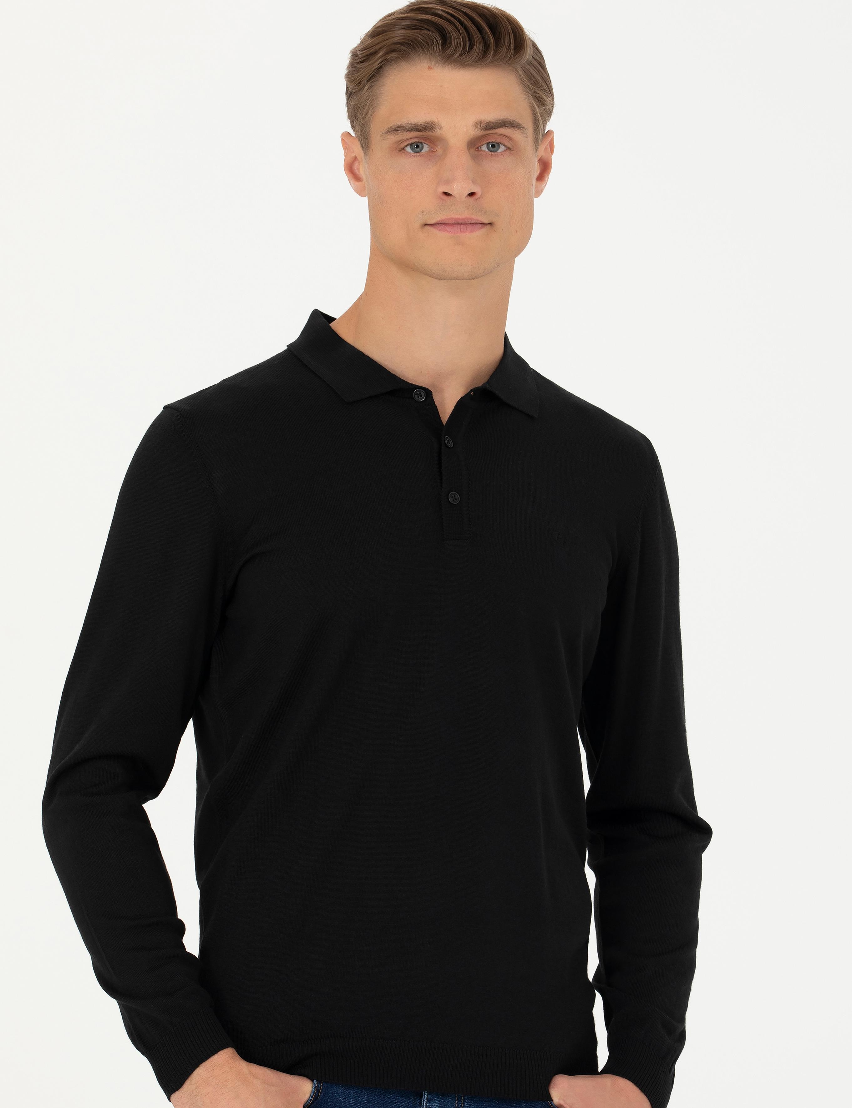 Siyah Slim Fit Polo Yaka Basic Triko Kazak - 50270169069