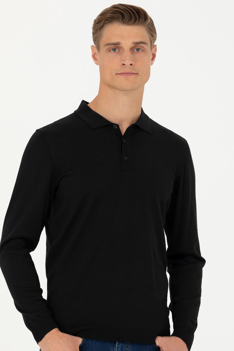 Siyah Slim Fit Polo Yaka Basic Triko Kazak - 50270169069