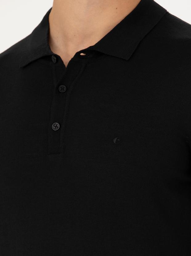 Siyah Slim Fit Polo Yaka Basic Triko Kazak
