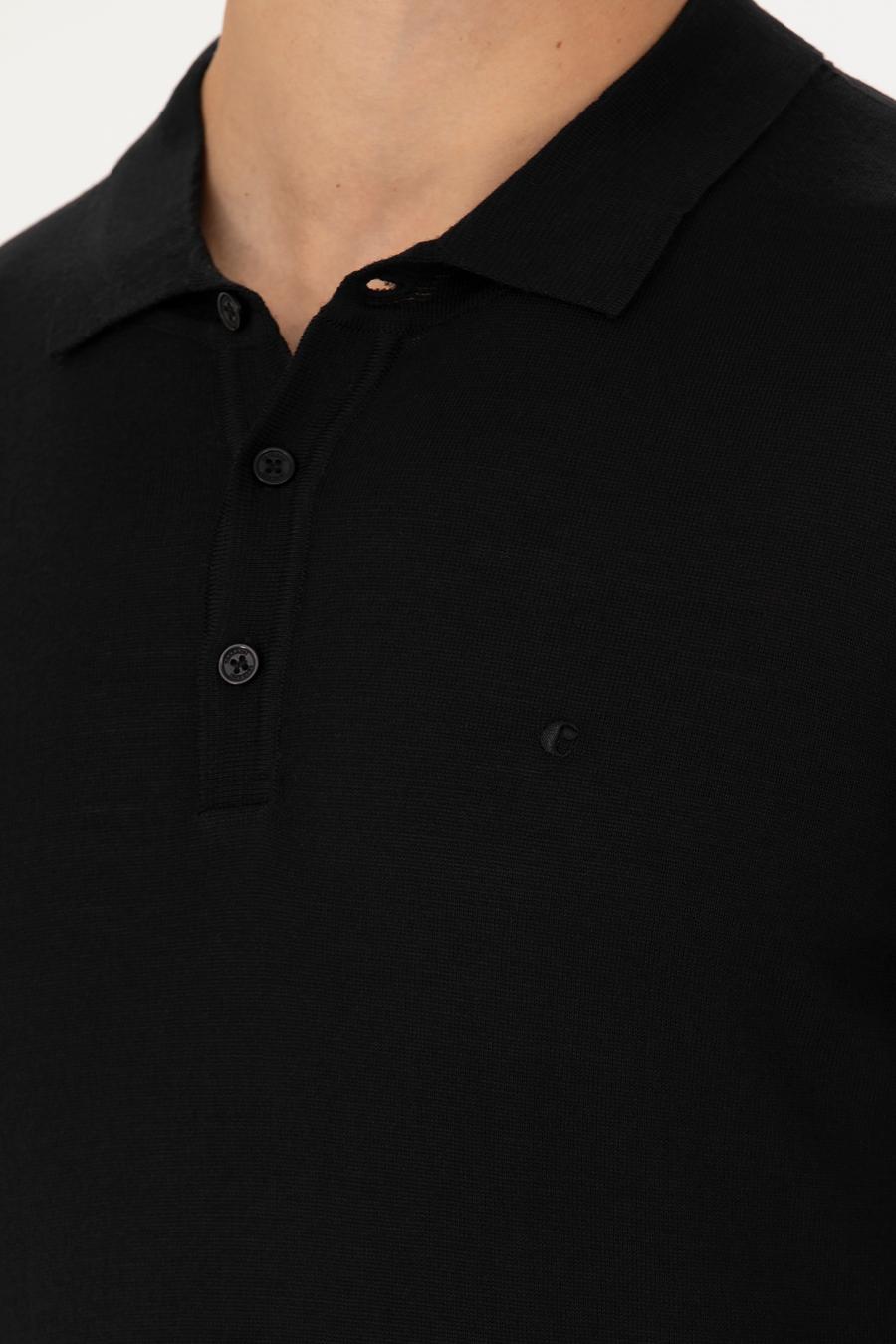 Siyah Slim Fit Polo Yaka Basic Triko Kazak - 50270169069
