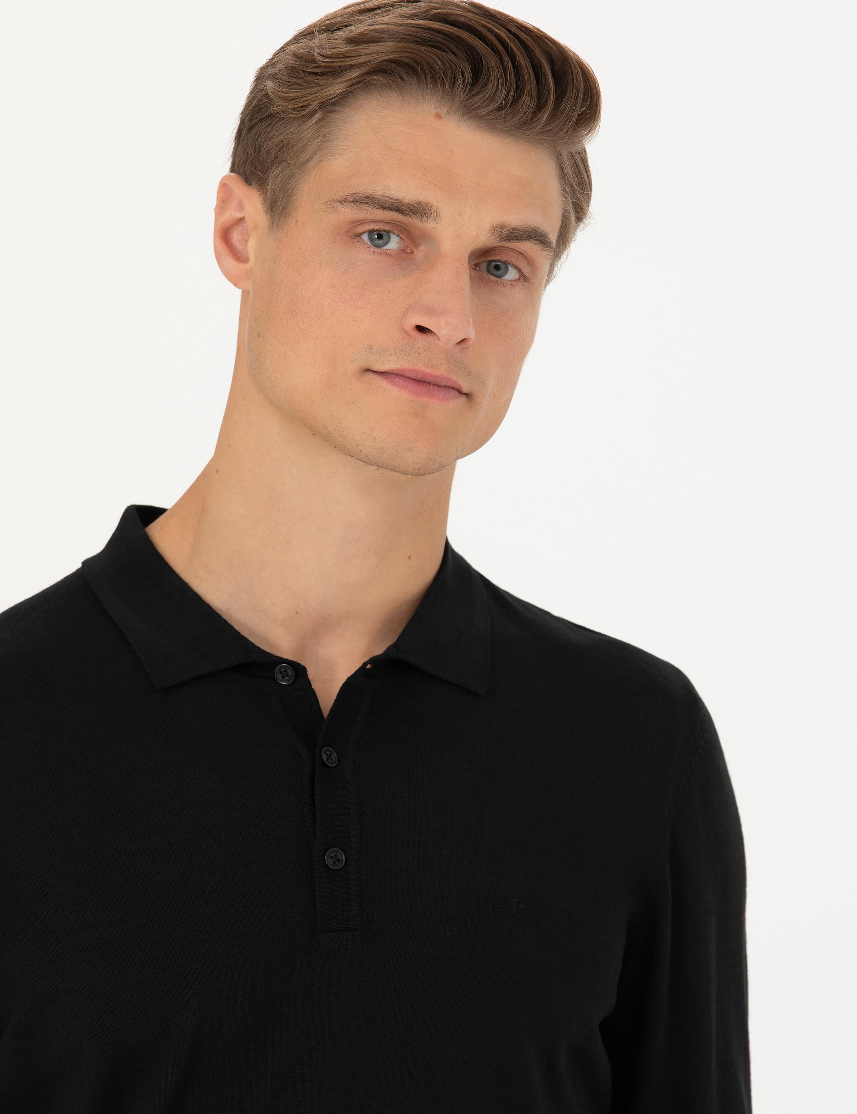 Siyah Slim Fit Polo Yaka Basic Triko Kazak - 50270169069
