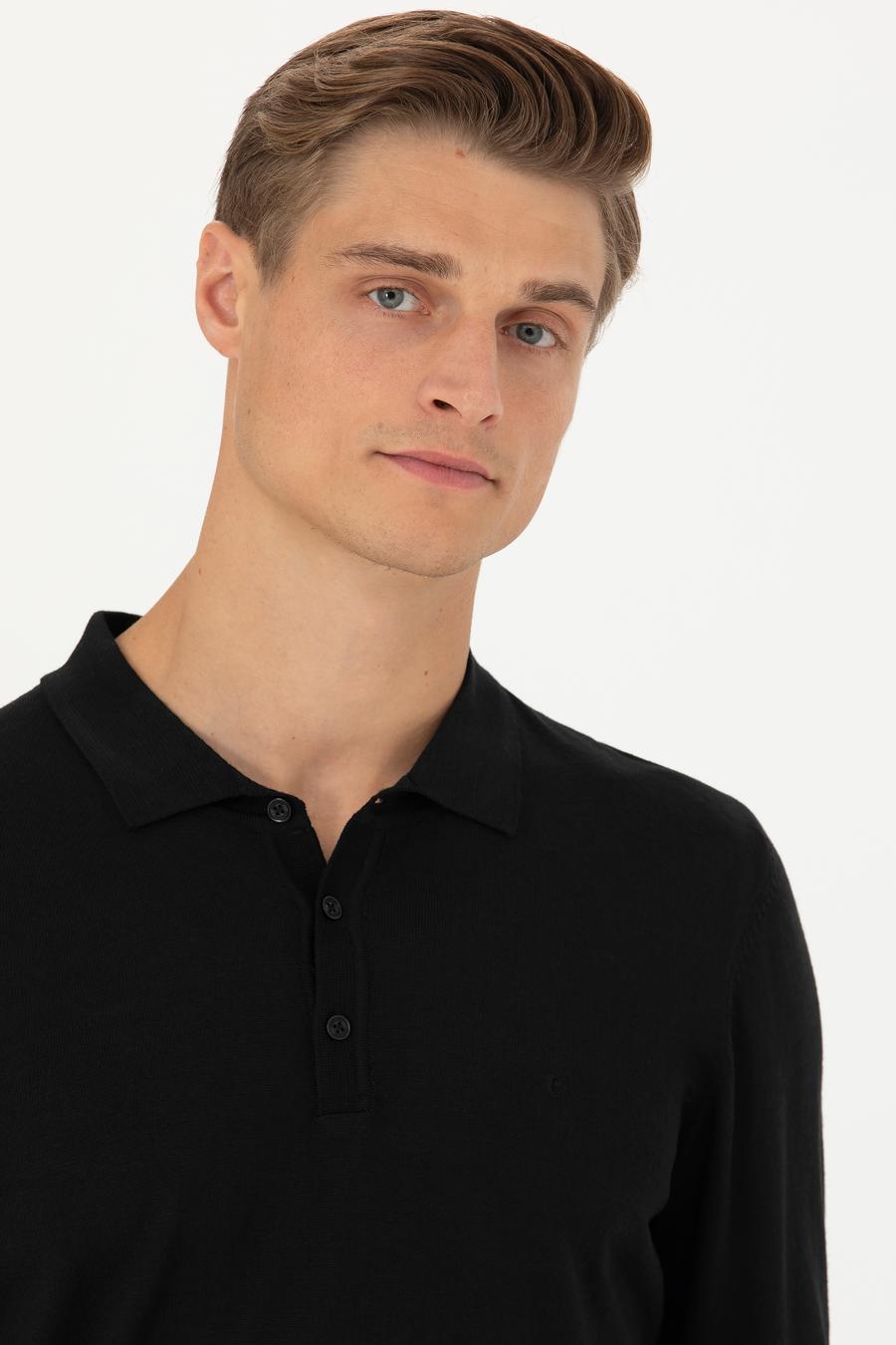 Siyah Slim Fit Polo Yaka Basic Triko Kazak - 50270169069