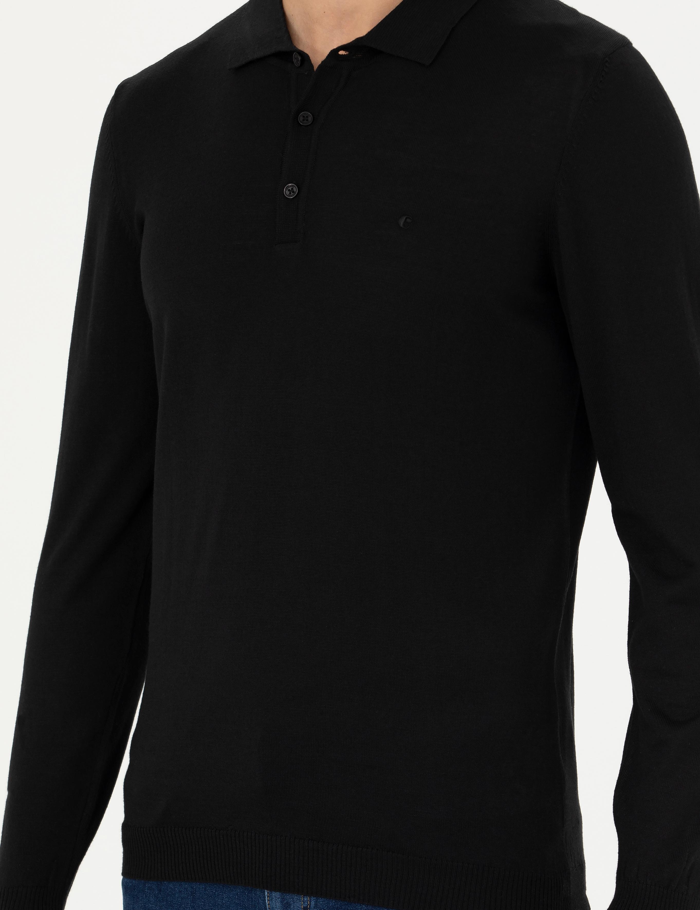 Siyah Slim Fit Polo Yaka Basic Triko Kazak - 50270169069