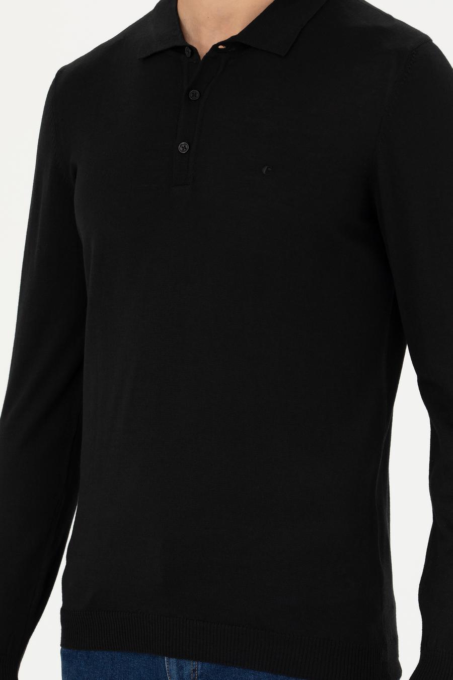 Siyah Slim Fit Polo Yaka Basic Triko Kazak - 50270169069