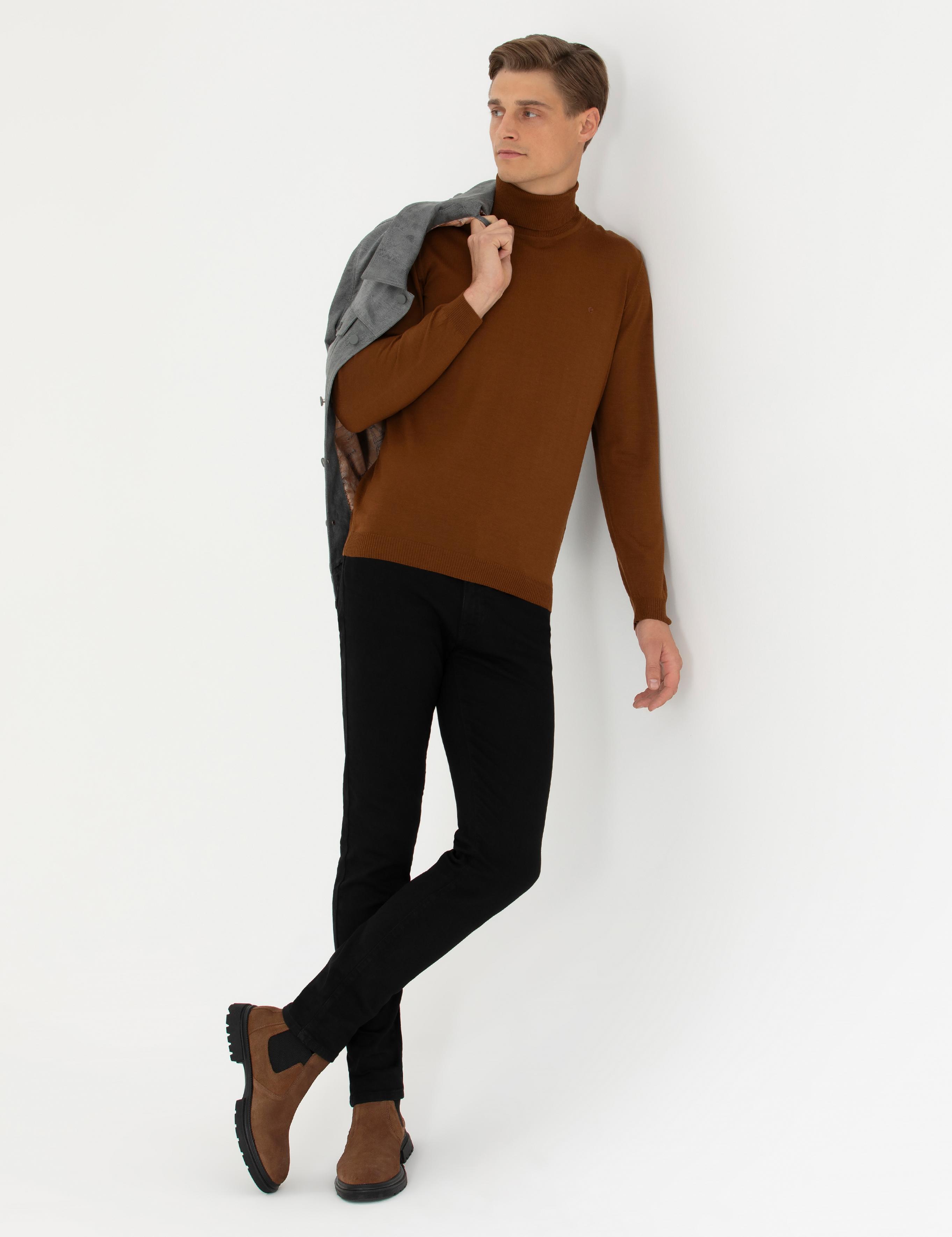 Kahverengi Slim Fit Balıkçı Yaka Basic Triko Kazak - 50270163058