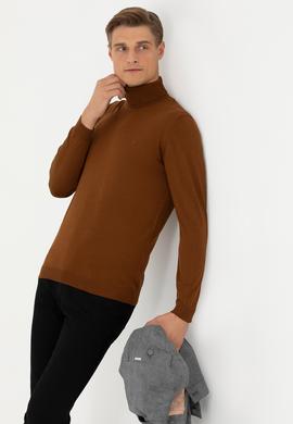 Kahverengi Slim Fit Balıkçı Yaka Basic Triko Kazak