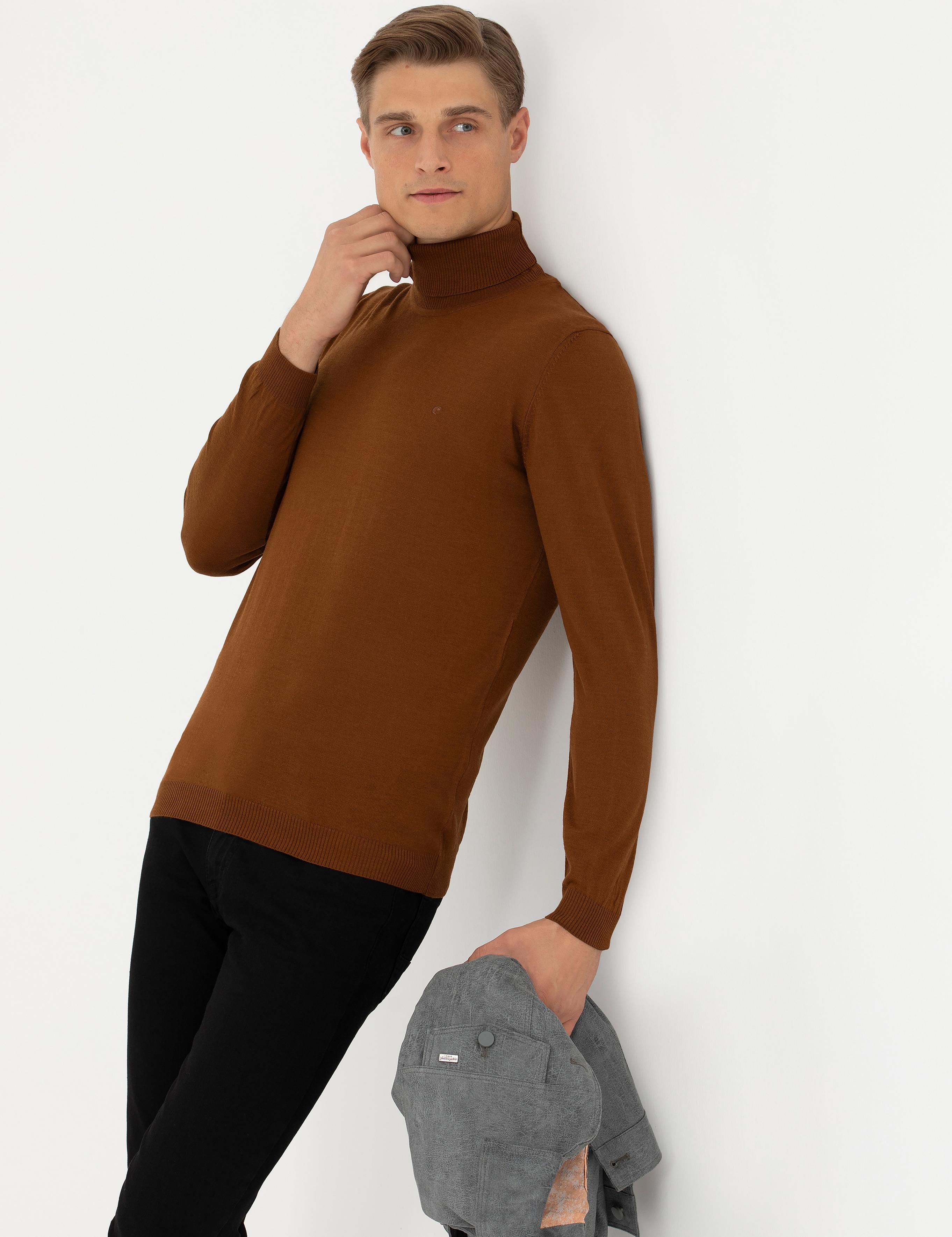 Kahverengi Slim Fit Balıkçı Yaka Basic Triko Kazak - 50270163058