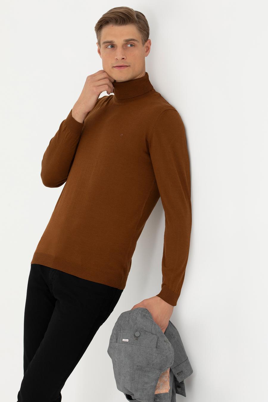 Kahverengi Slim Fit Balıkçı Yaka Basic Triko Kazak - 50270163058