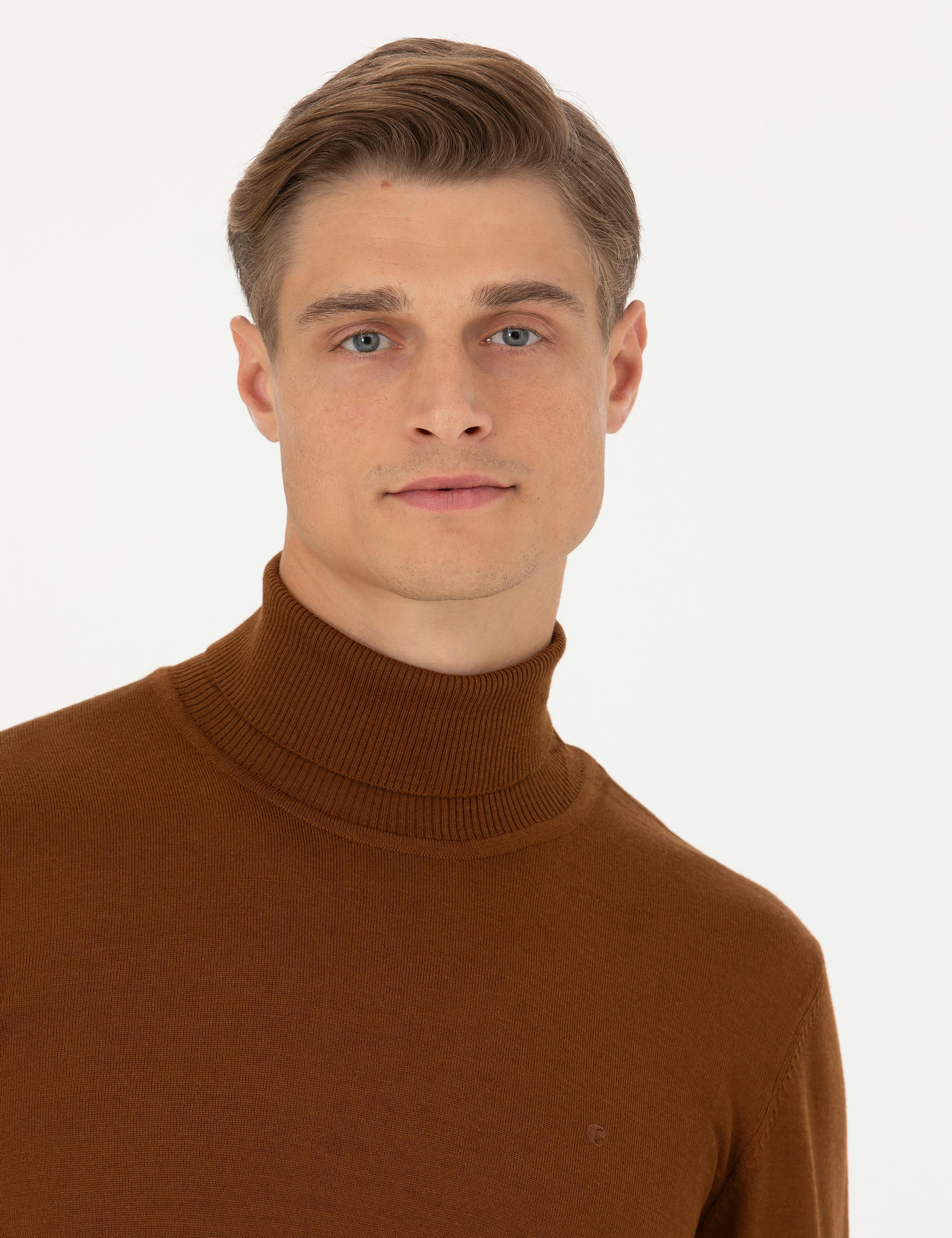 Kahverengi Slim Fit Balıkçı Yaka Basic Triko Kazak - 50270163058