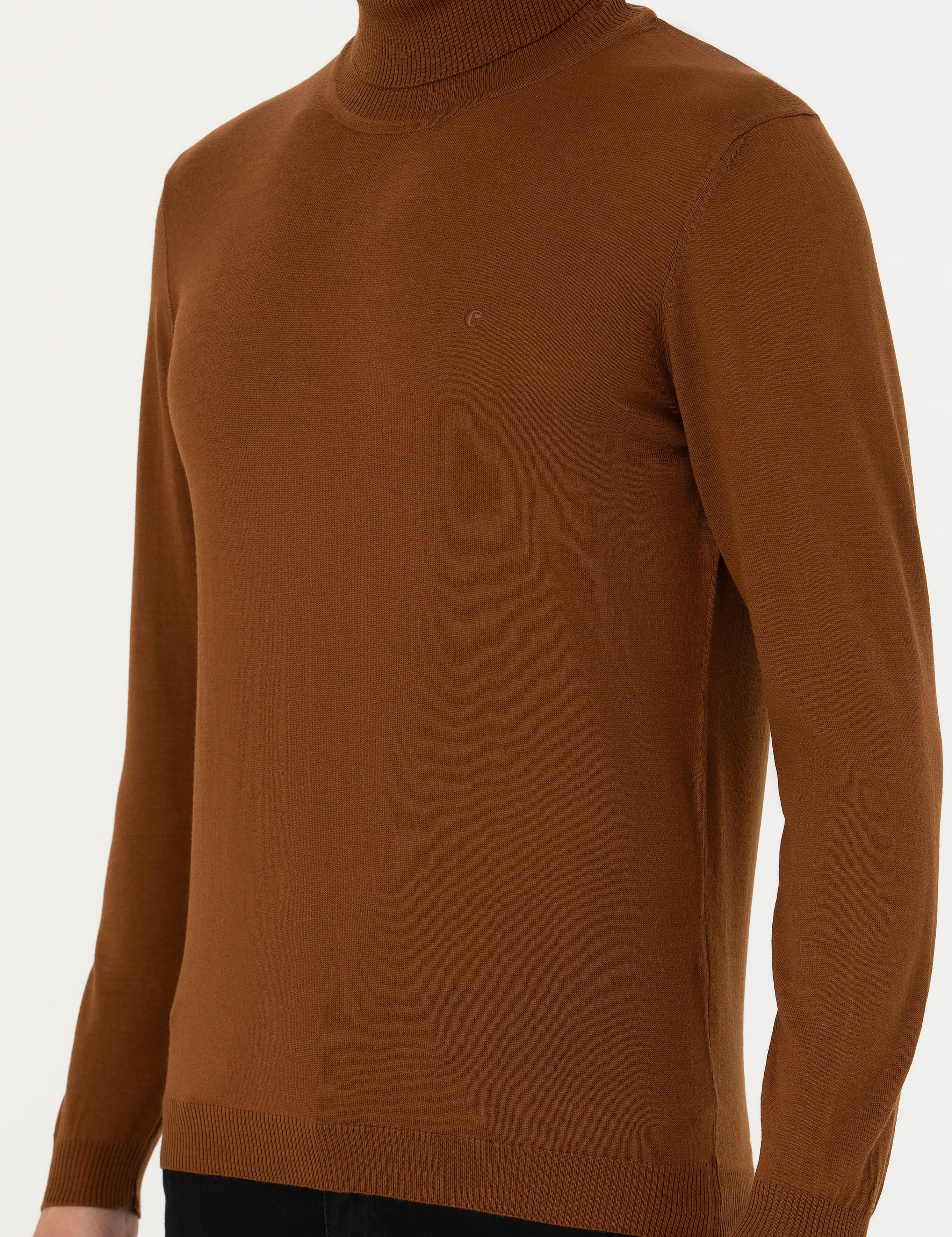 Kahverengi Slim Fit Balıkçı Yaka Basic Triko Kazak - 50270163058