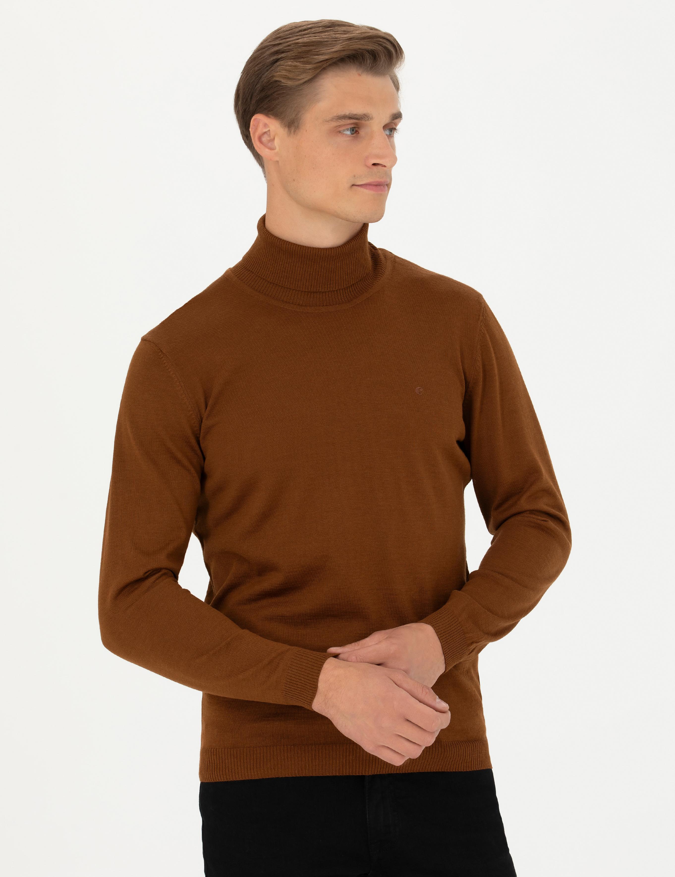 Kahverengi Slim Fit Balıkçı Yaka Basic Triko Kazak - 50270163058