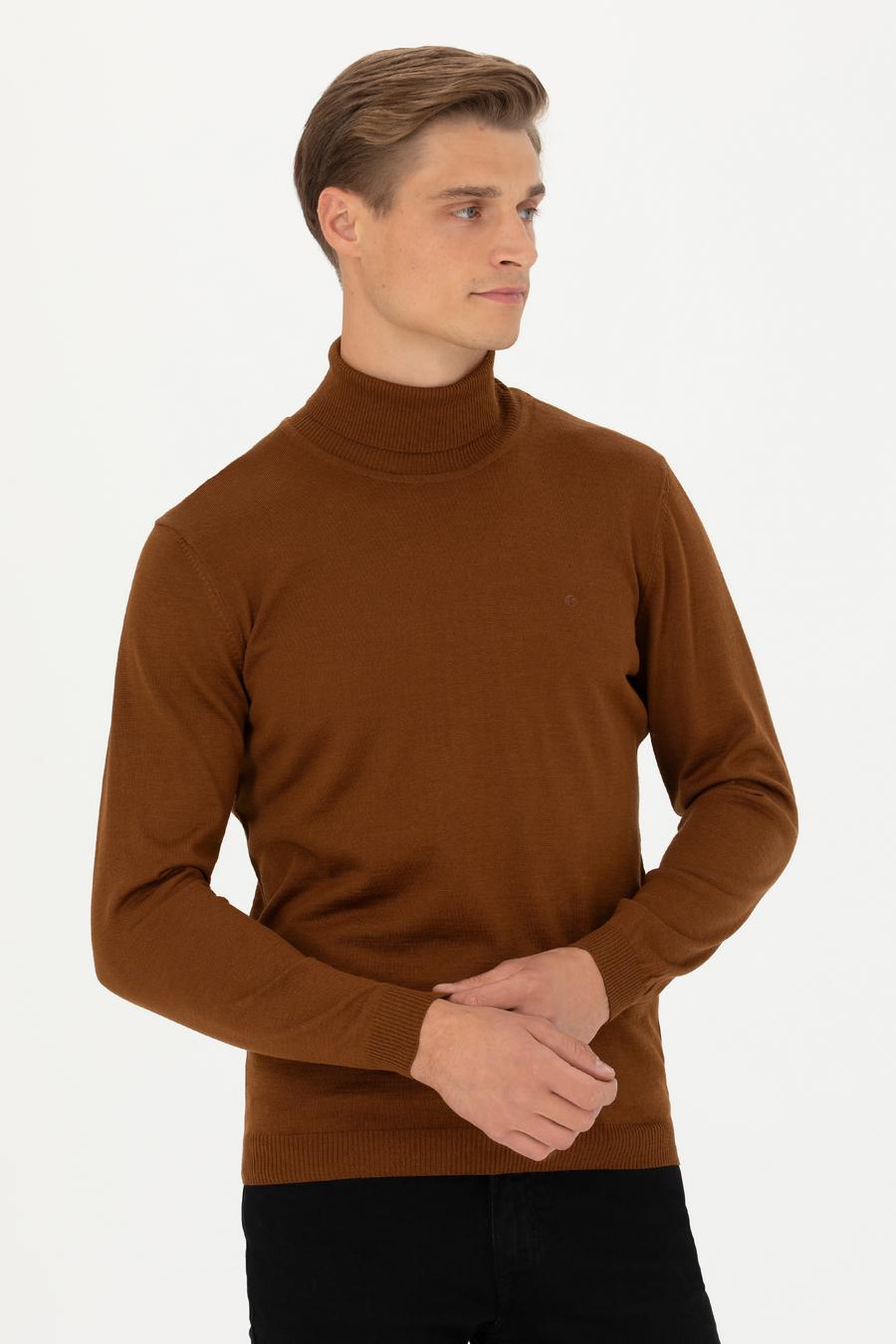 Kahverengi Slim Fit Balıkçı Yaka Basic Triko Kazak - 50270163058