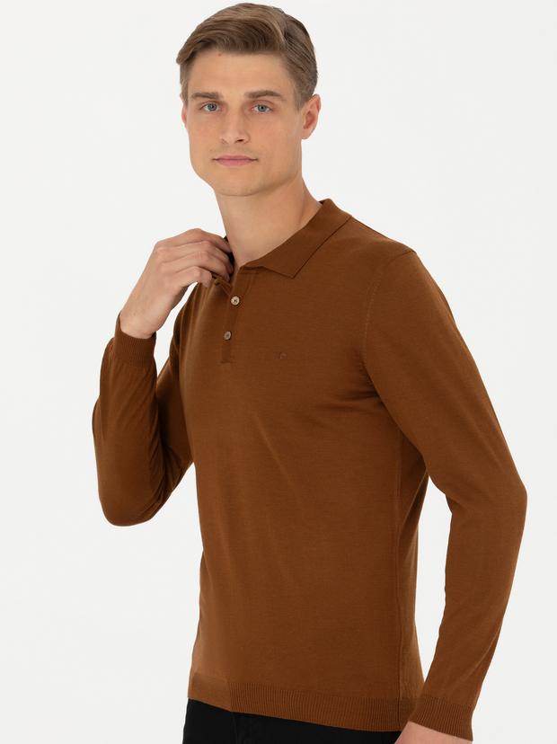 Kahverengi Slim Fit Polo Yaka Basic Triko Kazak