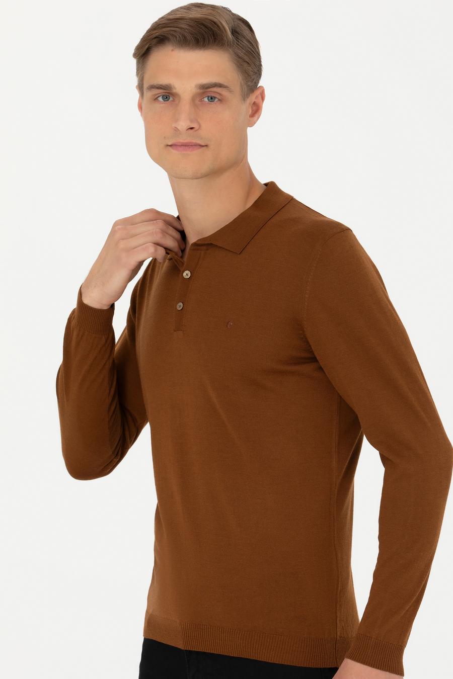 Kahverengi Slim Fit Polo Yaka Basic Triko Kazak - 50270169113