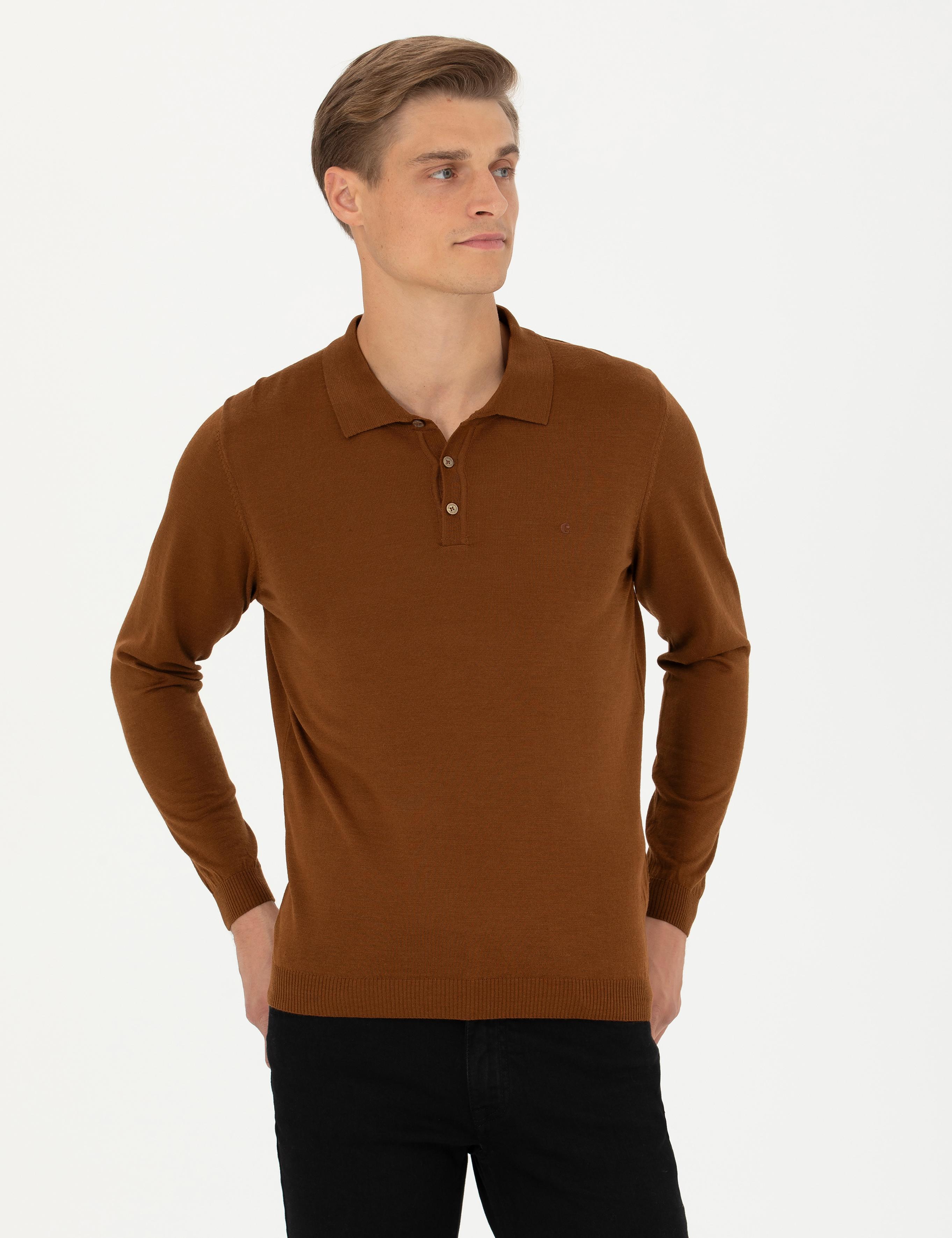 Kahverengi Slim Fit Polo Yaka Basic Triko Kazak - 50270169113