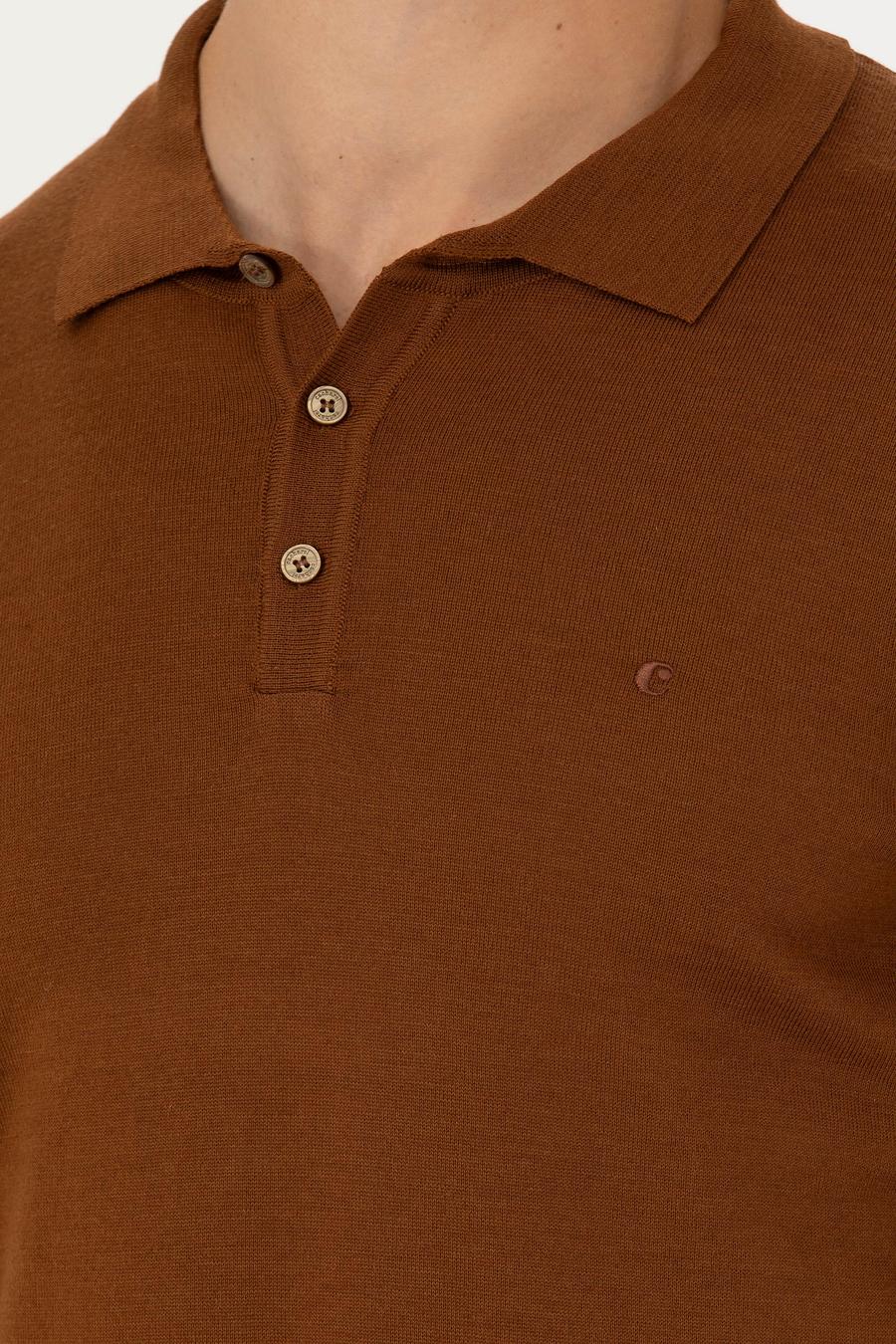 Kahverengi Slim Fit Polo Yaka Basic Triko Kazak - 50270169113