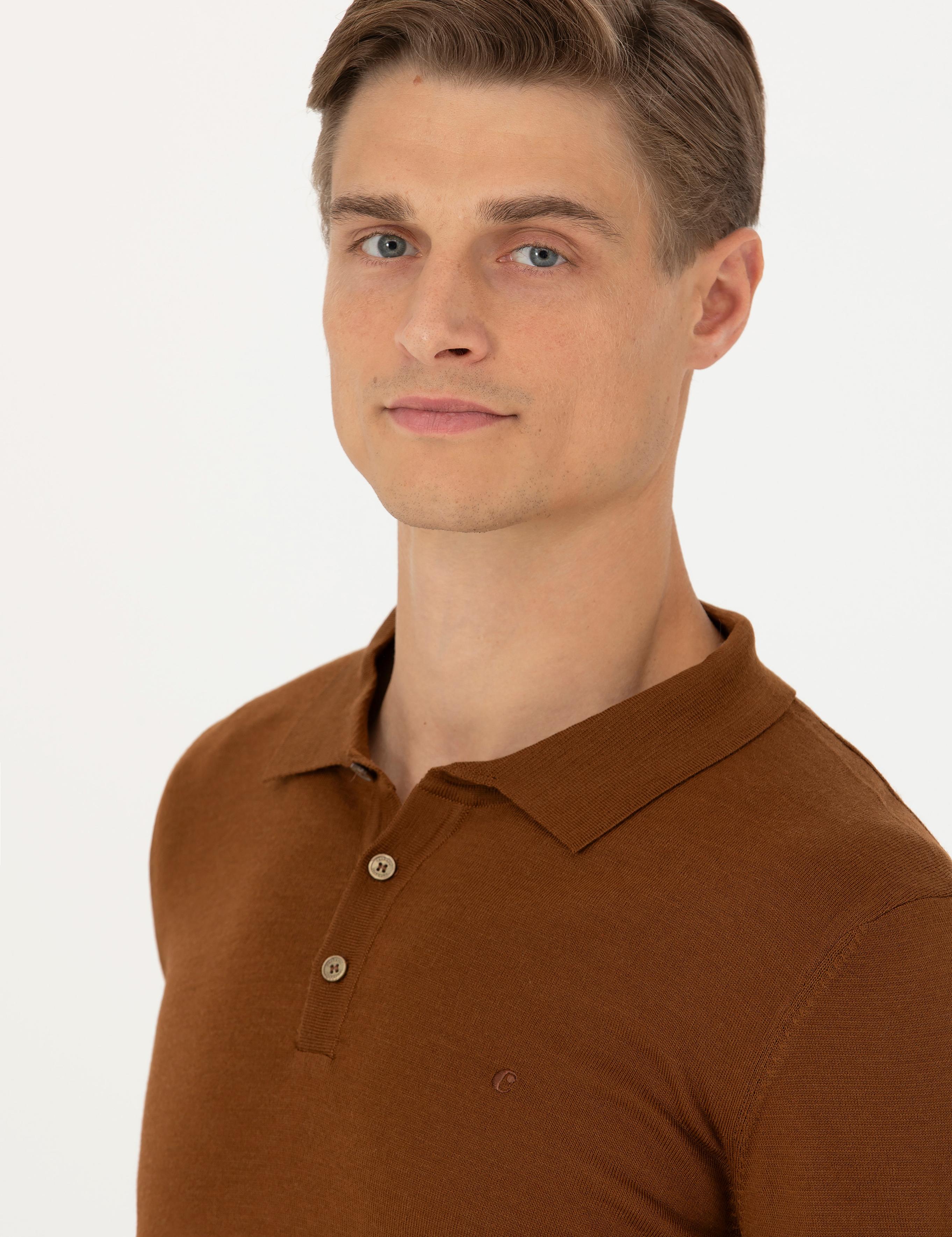 Kahverengi Slim Fit Polo Yaka Basic Triko Kazak - 50270169113