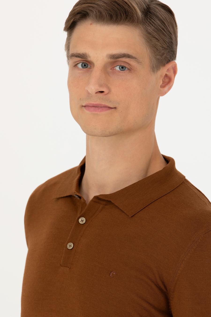 Kahverengi Slim Fit Polo Yaka Basic Triko Kazak - 50270169113