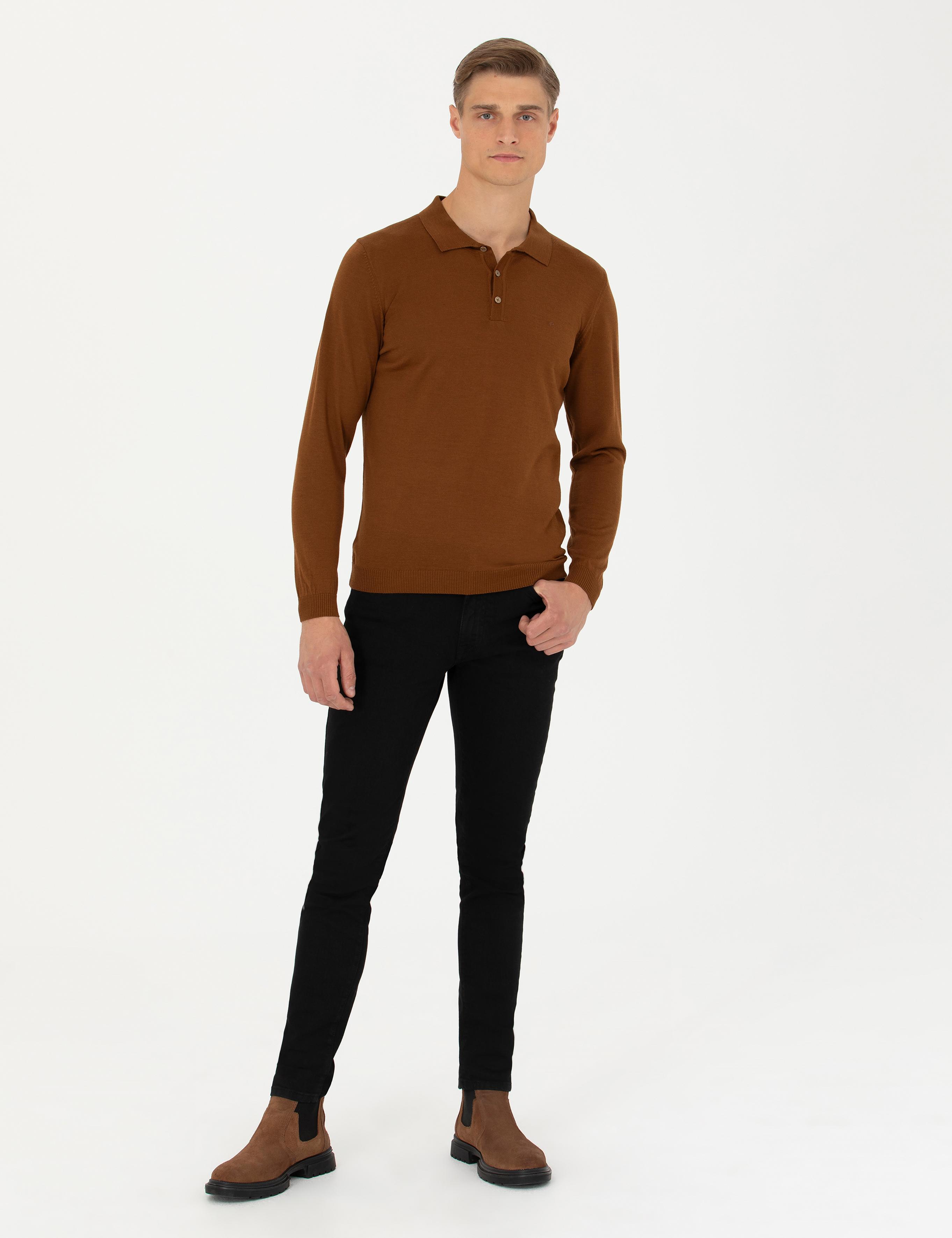 Kahverengi Slim Fit Polo Yaka Basic Triko Kazak - 50270169113
