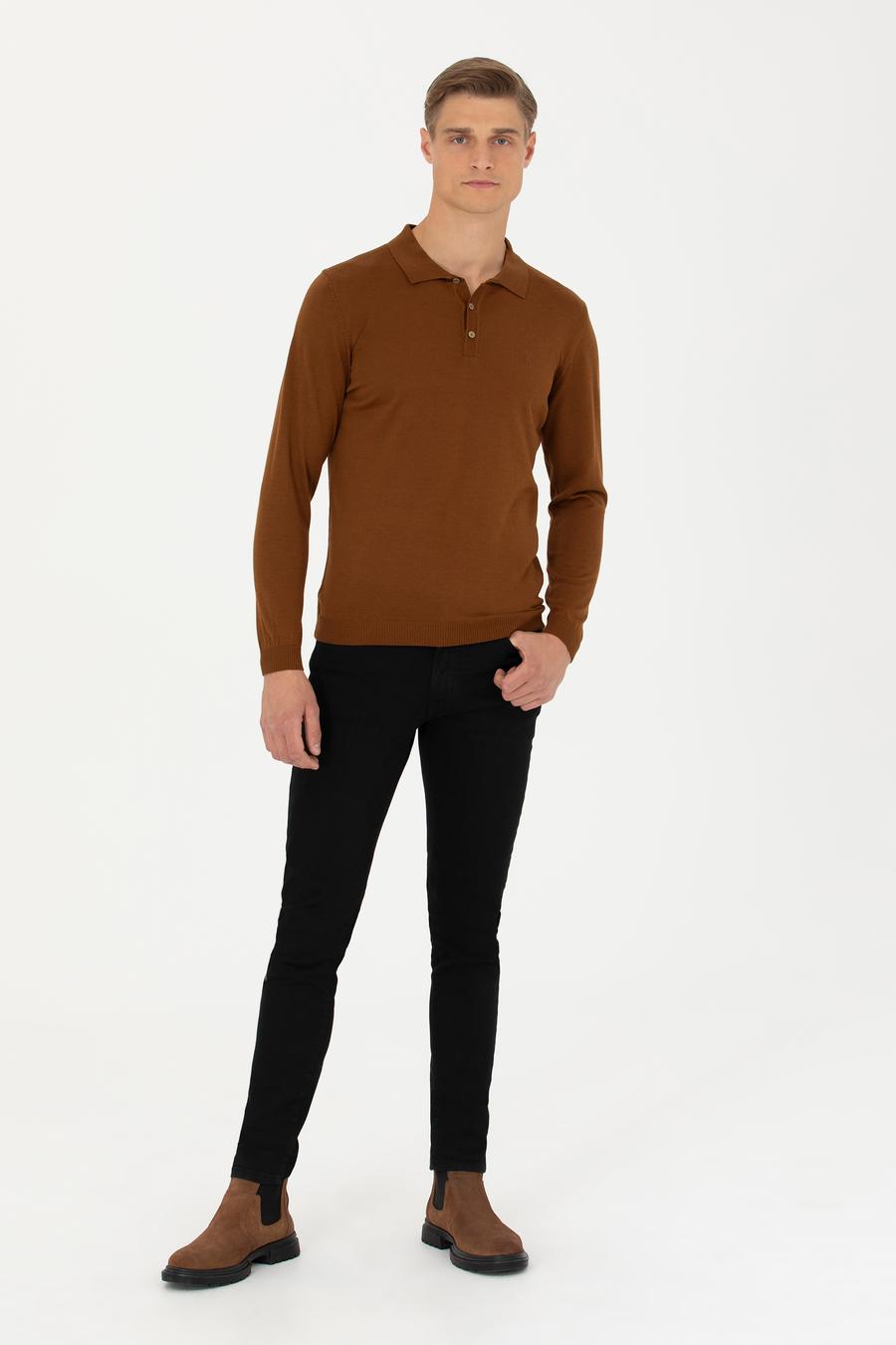 Kahverengi Slim Fit Polo Yaka Basic Triko Kazak - 50270169113