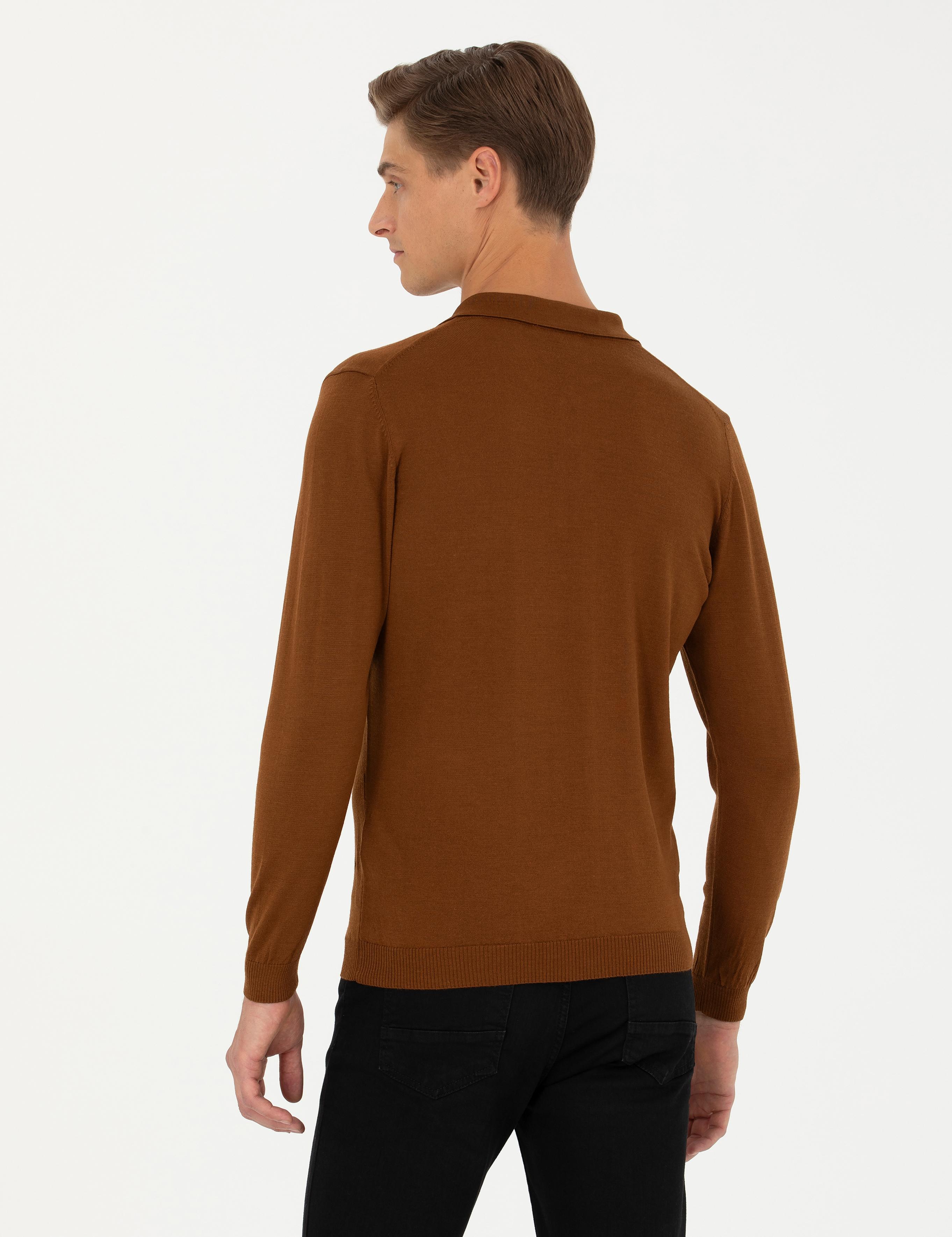 Kahverengi Slim Fit Polo Yaka Basic Triko Kazak - 50270169113