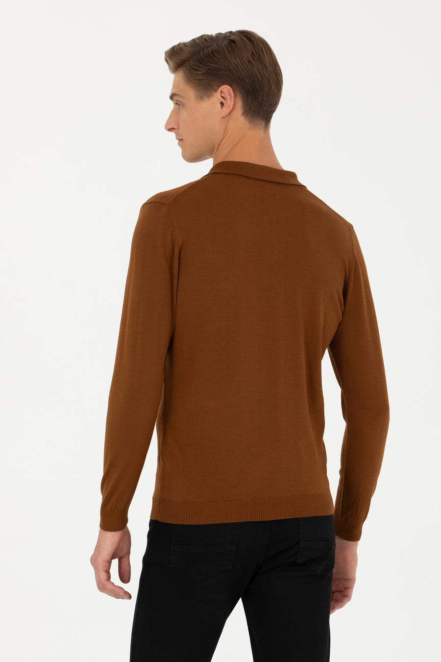 Kahverengi Slim Fit Polo Yaka Basic Triko Kazak - 50270169113