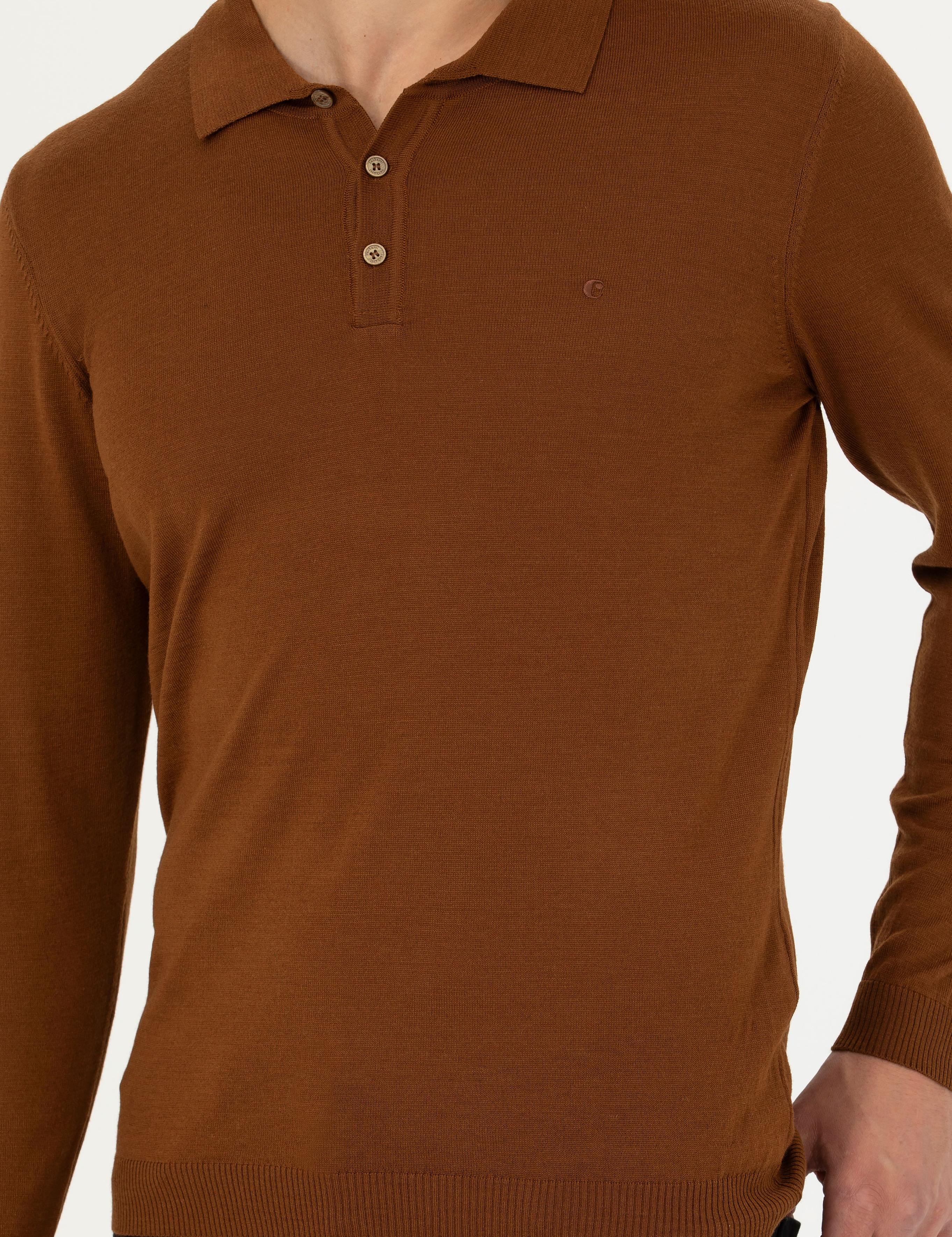 Kahverengi Slim Fit Polo Yaka Basic Triko Kazak - 50270169113