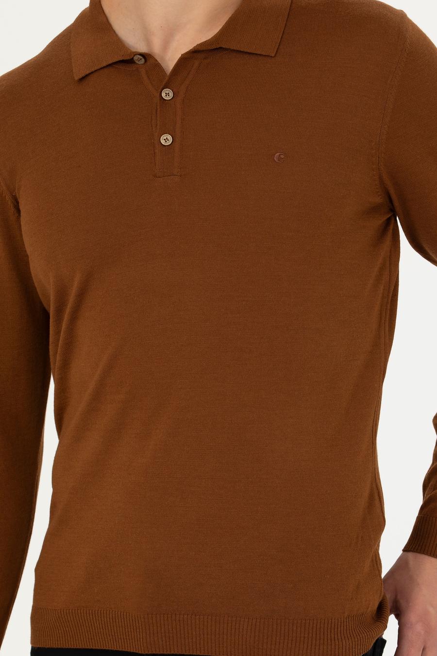 Kahverengi Slim Fit Polo Yaka Basic Triko Kazak - 50270169113