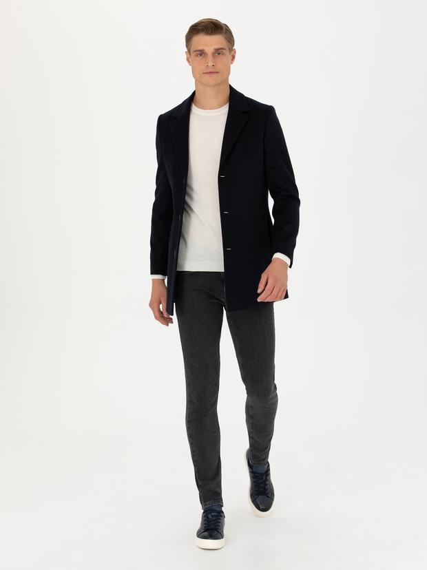 Lacivert Yün Karışımlı Ex.Slim Fit Palto