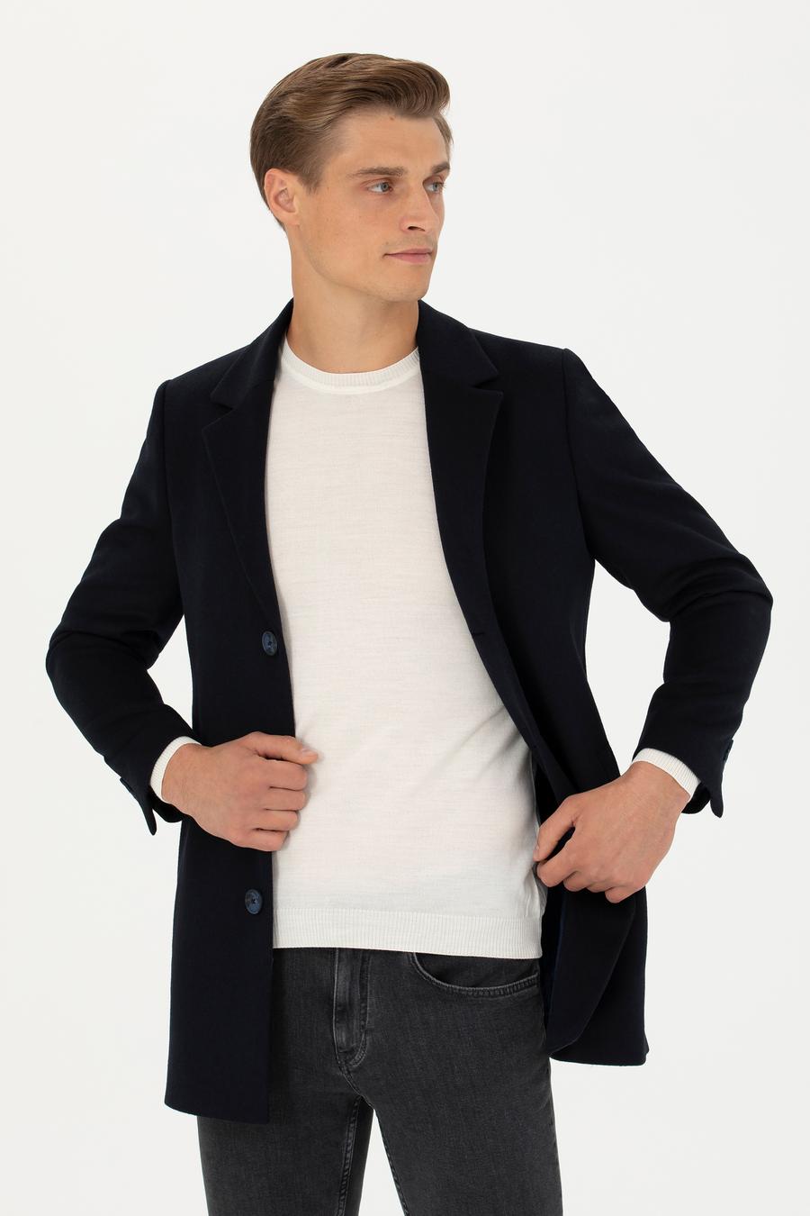 Lacivert Yün Karışımlı Ekstra Slim Fit Palto - 50274045099