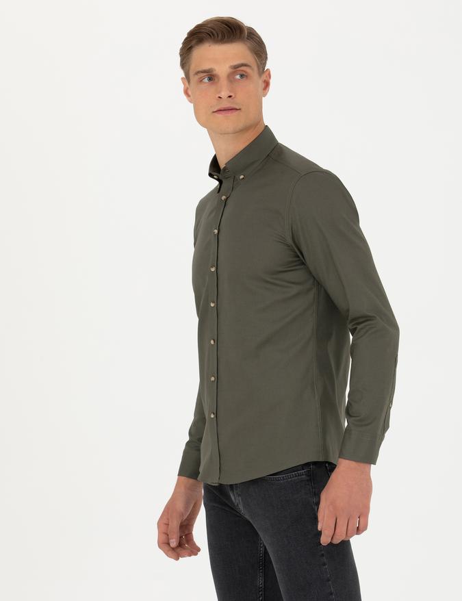 Haki Slim Fit %100 Pamuk Oxford Gömlek