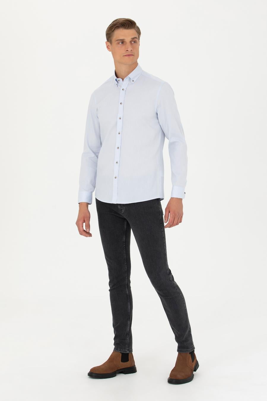 Açık Mavi Slim Fit %100 Pamuk Oxford Gömlek - 50270162111