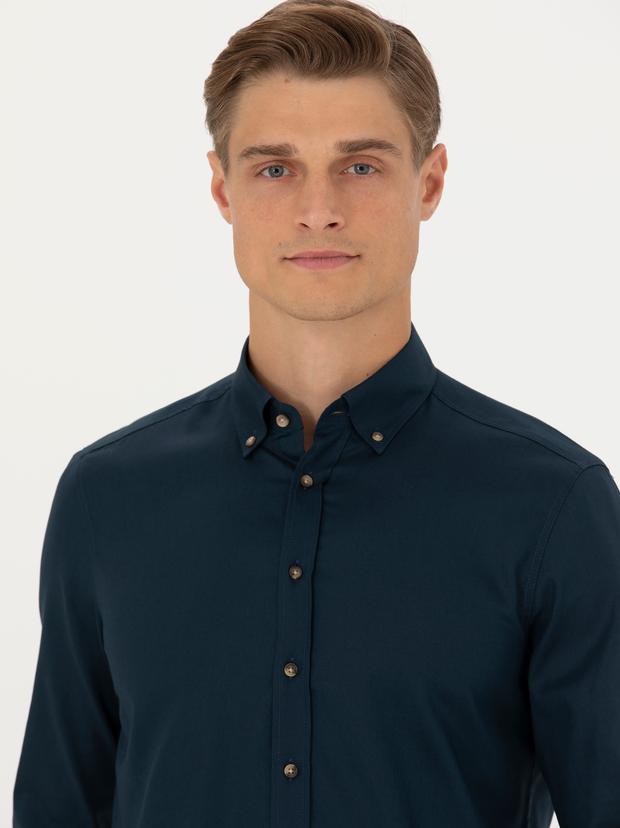 Lacivert Slim Fit %100 Pamuk Oxford Gömlek