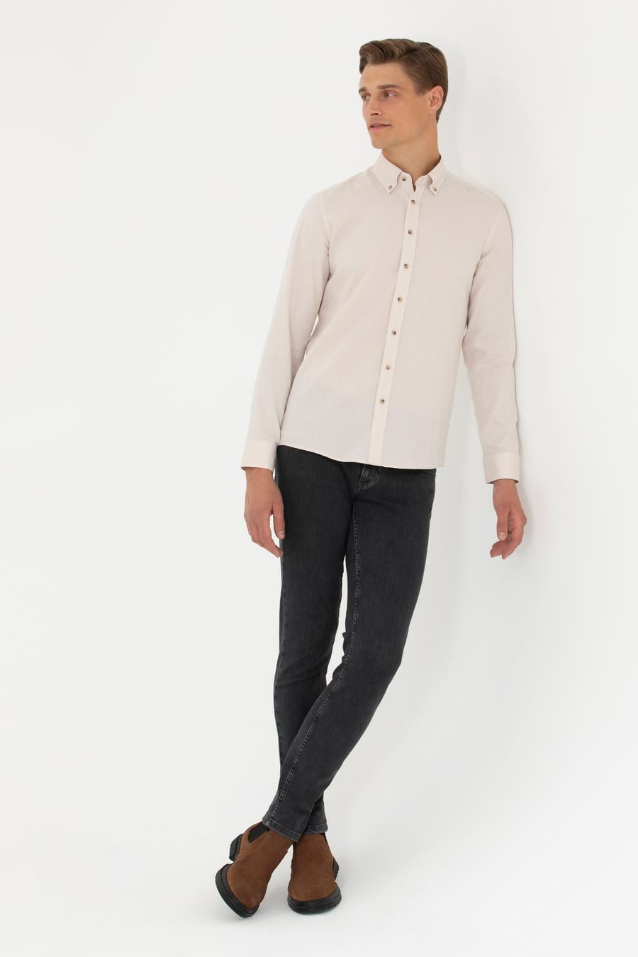 Bej Slim Fit %100 Pamuk Oxford Gömlek - 50270162145