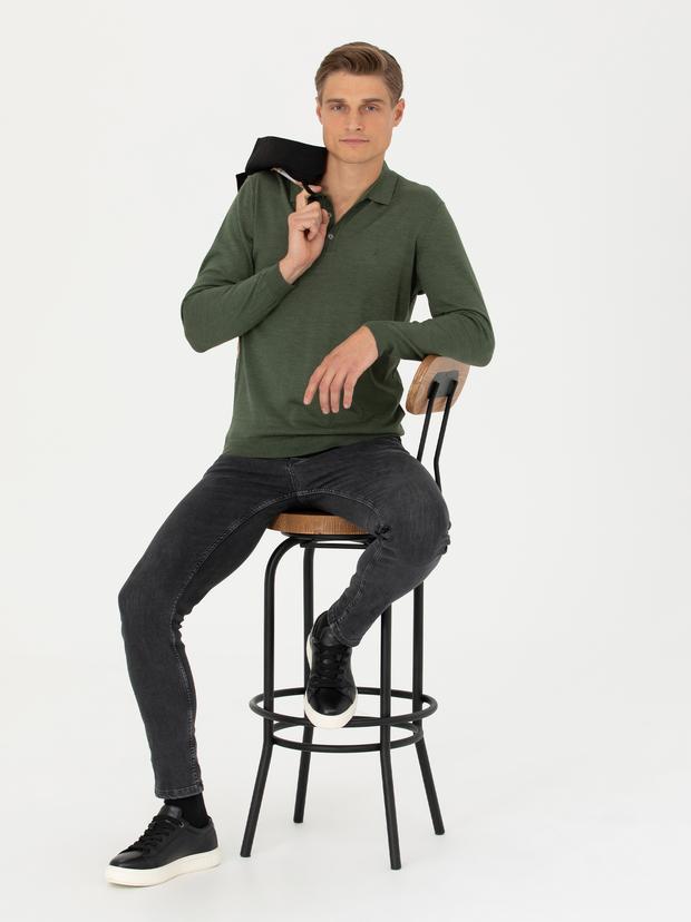Haki Slim Fit Polo Yaka Basic Triko Kazak