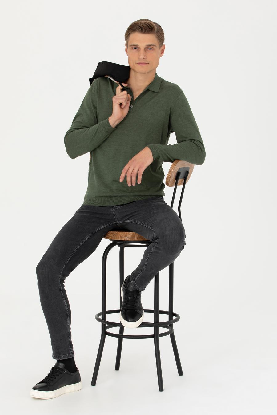 Haki Slim Fit Polo Yaka Basic Triko Kazak - 50270169021