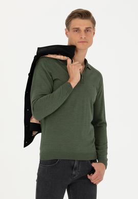 Haki Slim Fit Polo Yaka Basic Triko Kazak