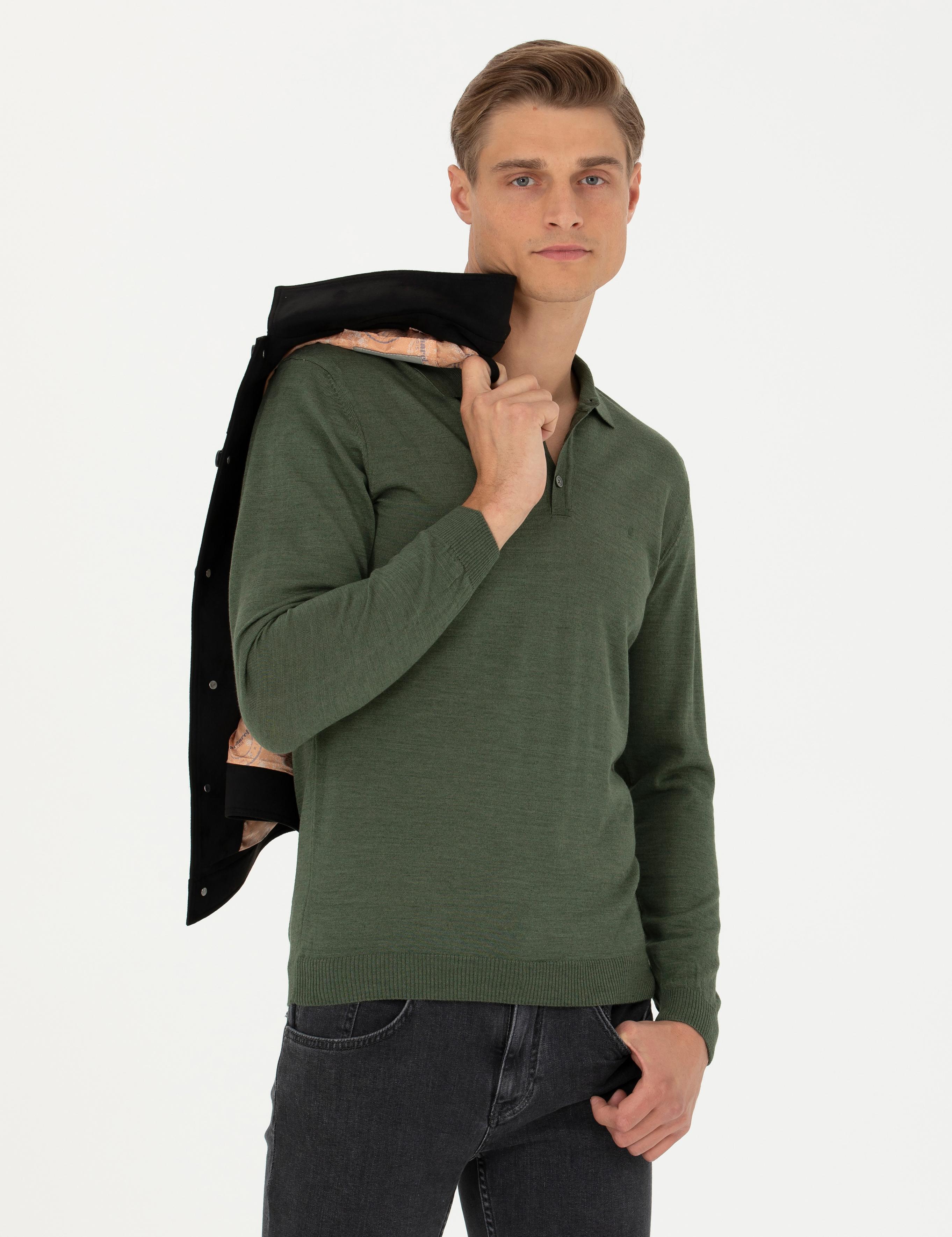 Haki Slim Fit Polo Yaka Basic Triko Kazak - 50270169021