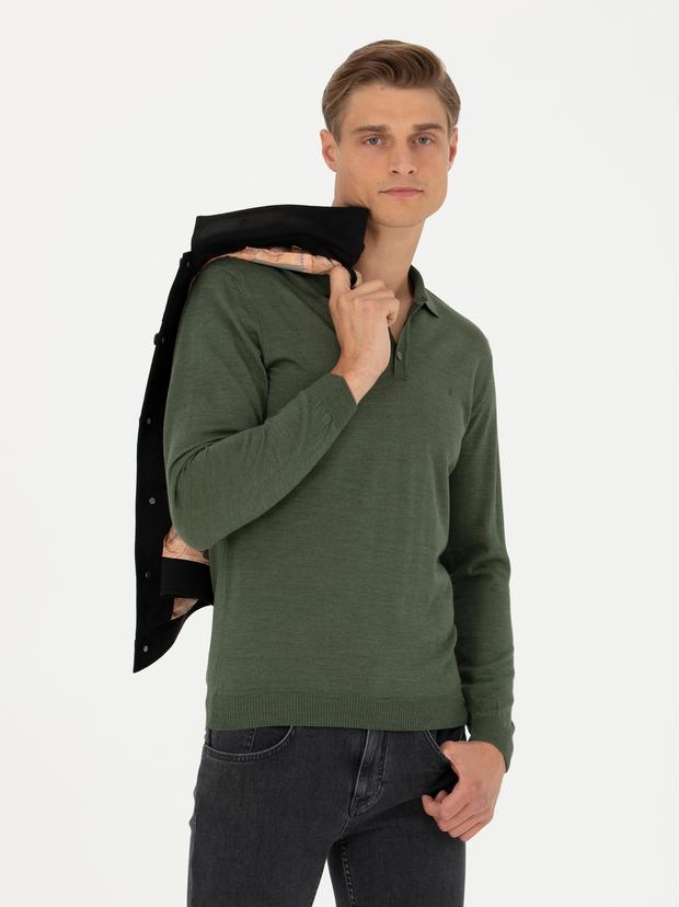 Haki Slim Fit Polo Yaka Basic Triko Kazak